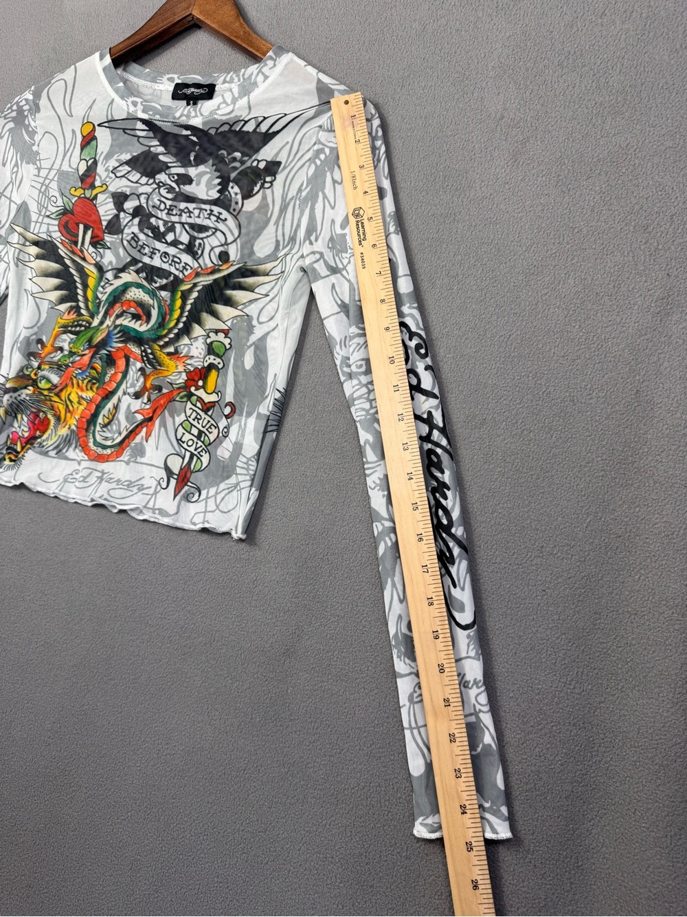 Ed Hardy Y2K Style Tattoo Mesh Long Sleeve Crop Top, Sheer Before Death Design S - Picture 13 of 16